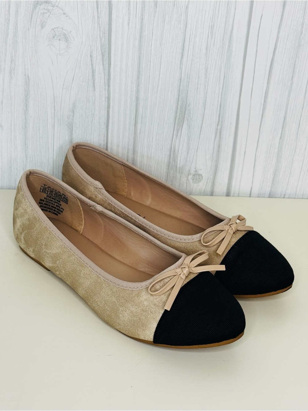 Tahari Beige and Black Cap-Toe Geneva Ballet Flats